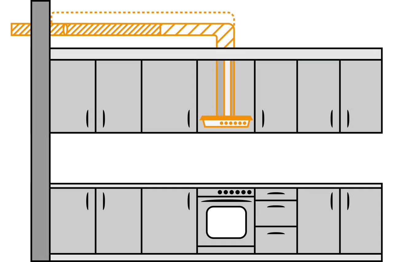 Ilustrácia kuchynskej linky s hornými a dolnými skrinkami a digestorom