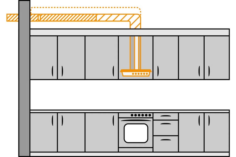 Ilustrácia kuchynskej linky s hornými a dolnými skrinkami a digestorom