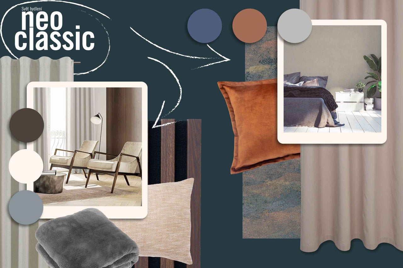 Moodboard s bytovými doplnkami v neoklasickom štýle, vrátane závesov, vankúšov, diek a nábytku