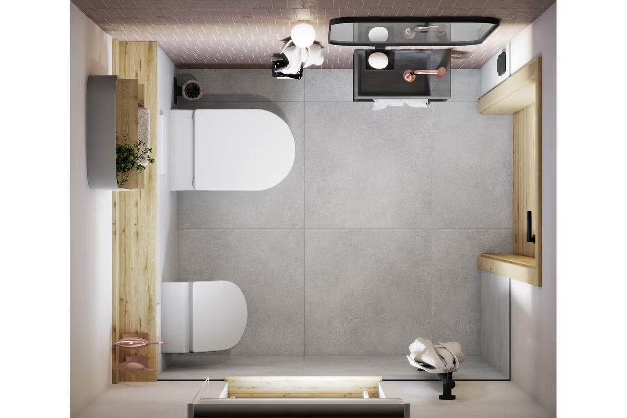 Pohľad zhora na kúpeľňu s toaletou, umývadlom a drevenými policami