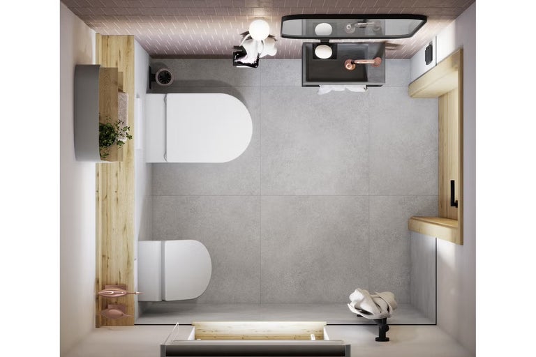 Pohľad zhora na kúpeľňu s toaletou, umývadlom a drevenými policami