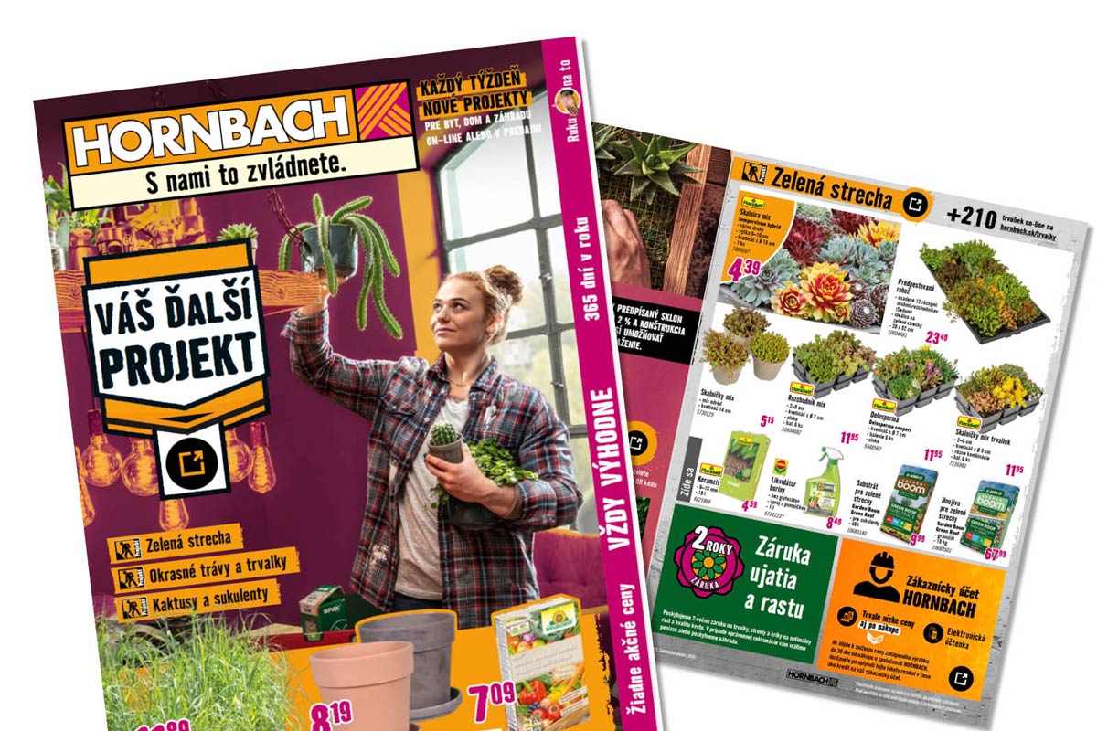 Leták Hornbach s titulnou stranou Váš ďalší projekt a vnútornou stranou na tému zelená strecha.