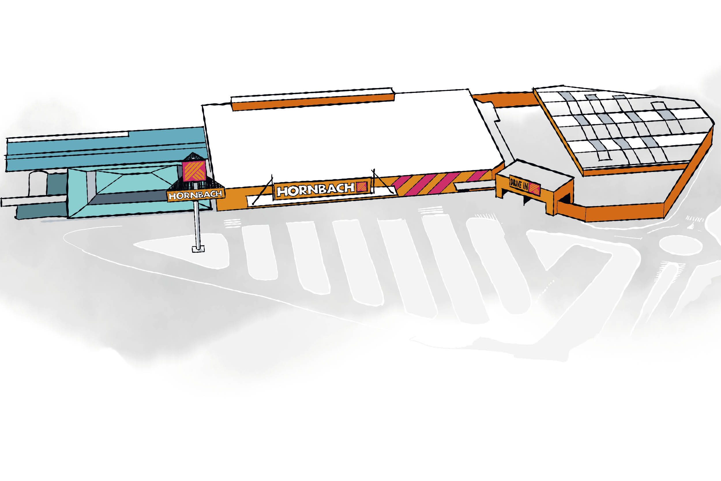 Ilustrácia hobbymarketu Hornbach s parkoviskom a drive-in