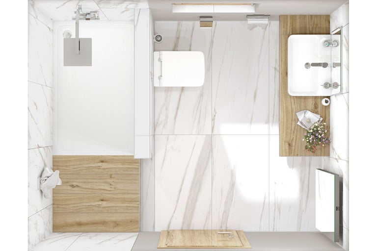 Pohľad zhora na kúpeľňu so sprchou, toaletou, umývadlom a zrkadlom