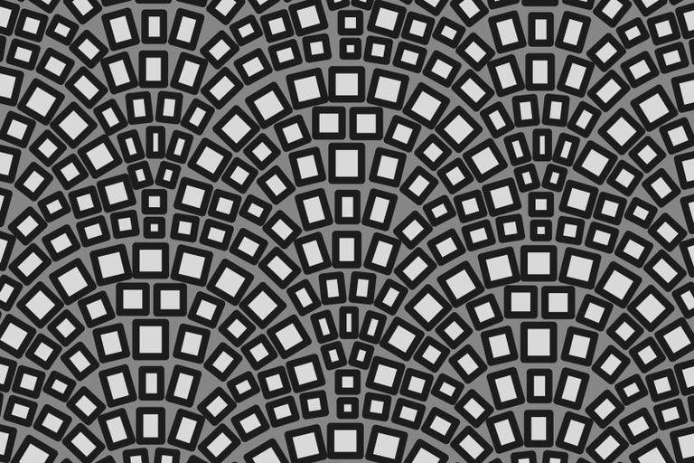 Abstraktný vzor s čiernymi obrysmi a sivými štvorcami.