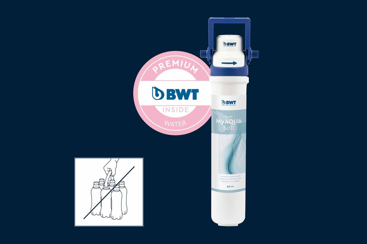 Vodná filtračná patróna BWT MyAqua Soft s logom BWT a symbolom proti plastovým fľašiam