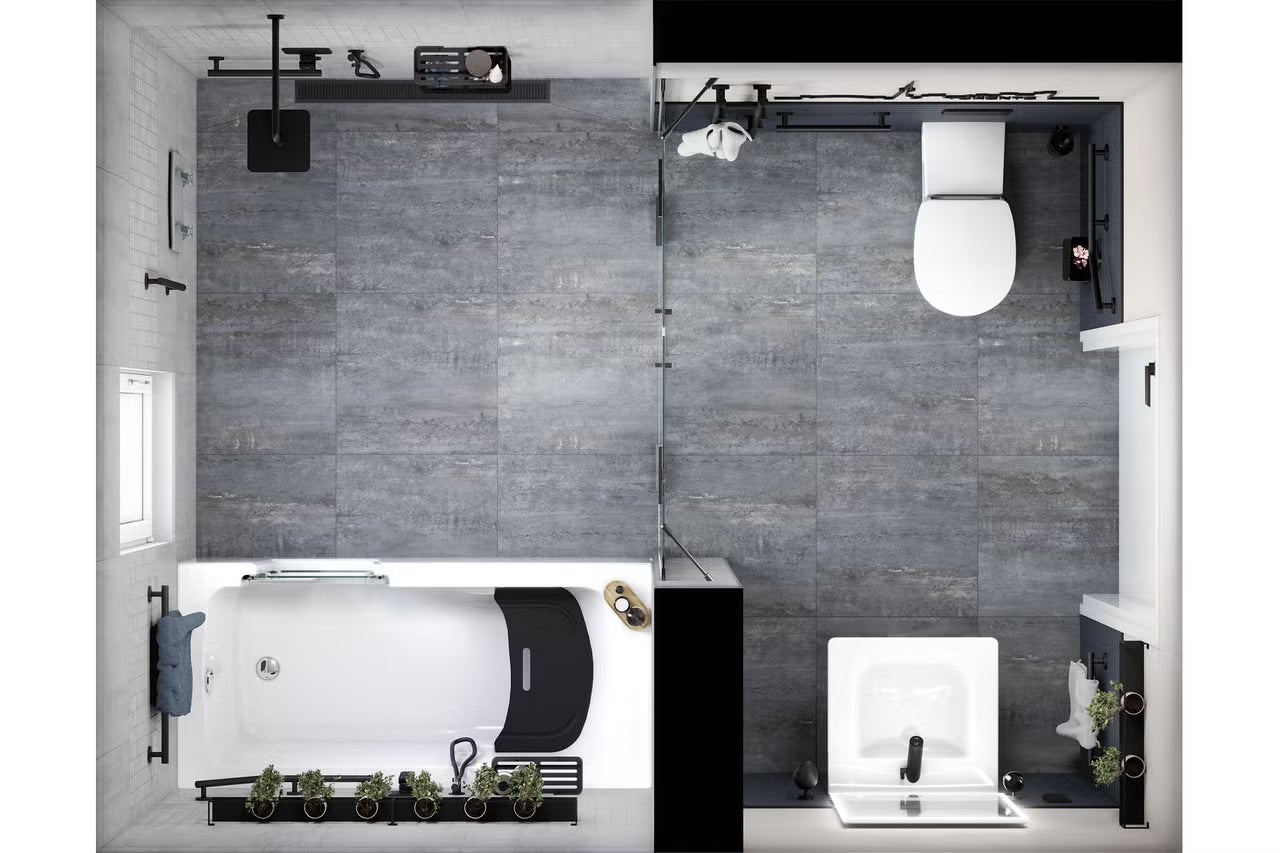 Pohľad zhora na kúpeľňu s vaňou, toaletou a umývadlom