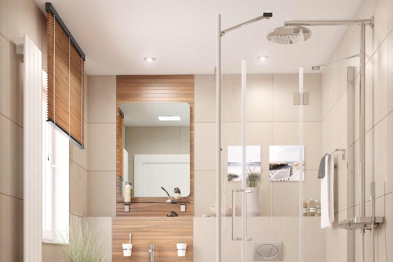 Svetlá kúpeľňa so sprchou, umývadlom a zrkadlom