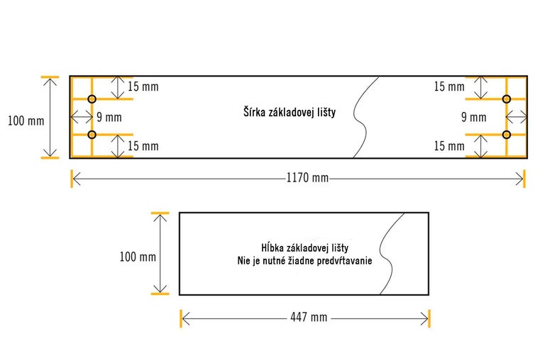 Technický nákres šírky soklovej lišty s rozmermi