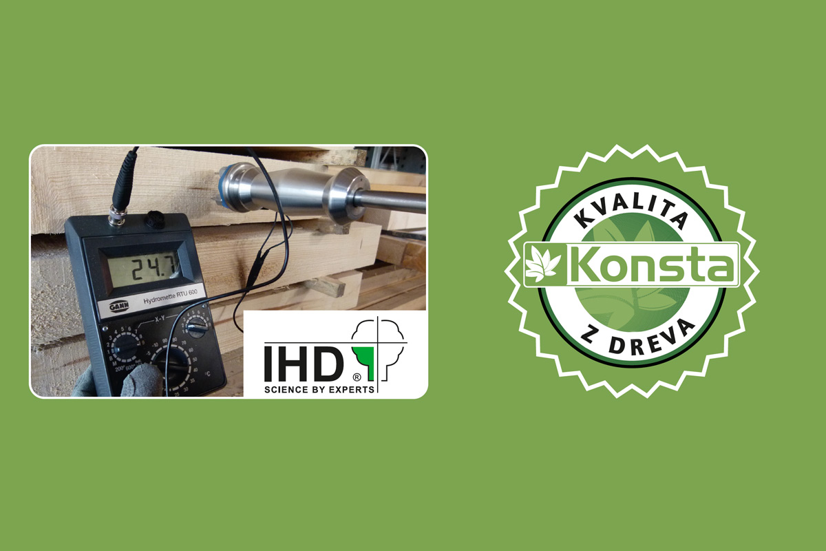 Vlhkomer meria vlhkosť dreva, logo IHD, pečať kvality Konsta