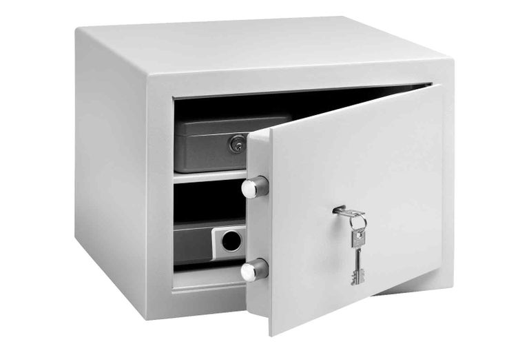 Otvorený nábytkový trezor s kľúčovým zámkom a dvoma priehradkami