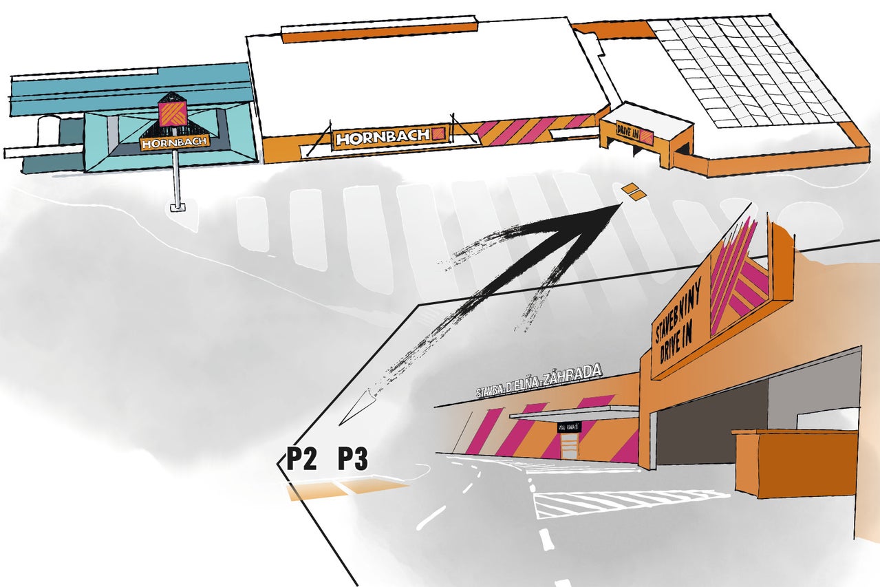 Nákres hobbymarketu Hornbach s ukazovateľom smeru k zóne Drive-In.