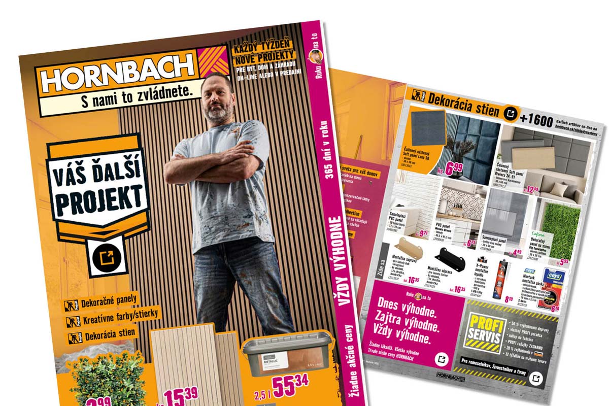 Hornbach reklamný leták pre nástenné dekorácie s remeselníkom, panelmi, farbami a informáciami o službách.