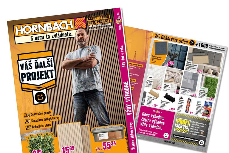 Hornbach reklamný leták pre nástenné dekorácie s remeselníkom, panelmi, farbami a informáciami o službách.