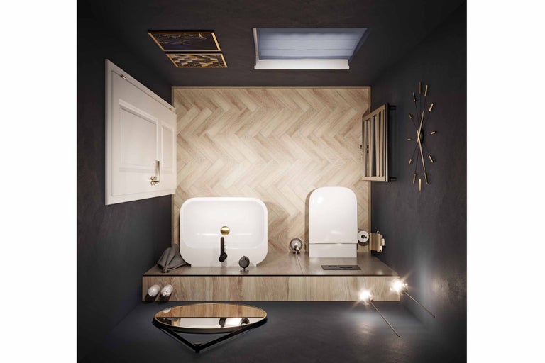 Moderná kúpeľňa s umývadlom, toaletou a dreveným obkladom