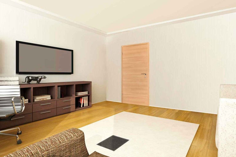 Obývacia izba s televízorom, komodou a interiérovými dverami