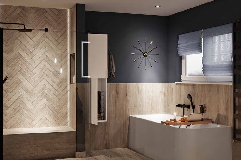 Moderná kúpeľňa so sprchou, vaňou a dreveným obkladom