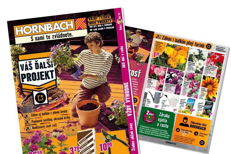 Leták Hornbach s osobou sadiacou kvety, rôznymi záhradnými rastlinami, záhradníckymi nožnicami, krhlami a záhradníckym substrátom.