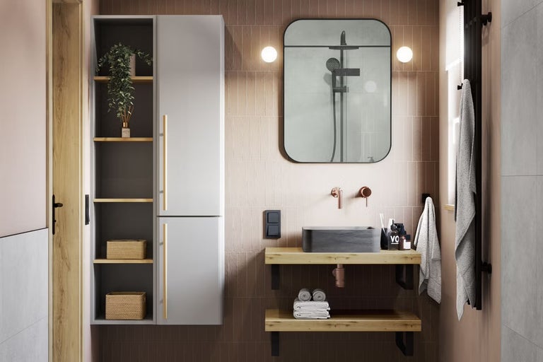 Moderná kúpeľňa s umývadlom, zrkadlom, radiátorom a kúpeľňovou skrinkou pre štýlový vzhľad