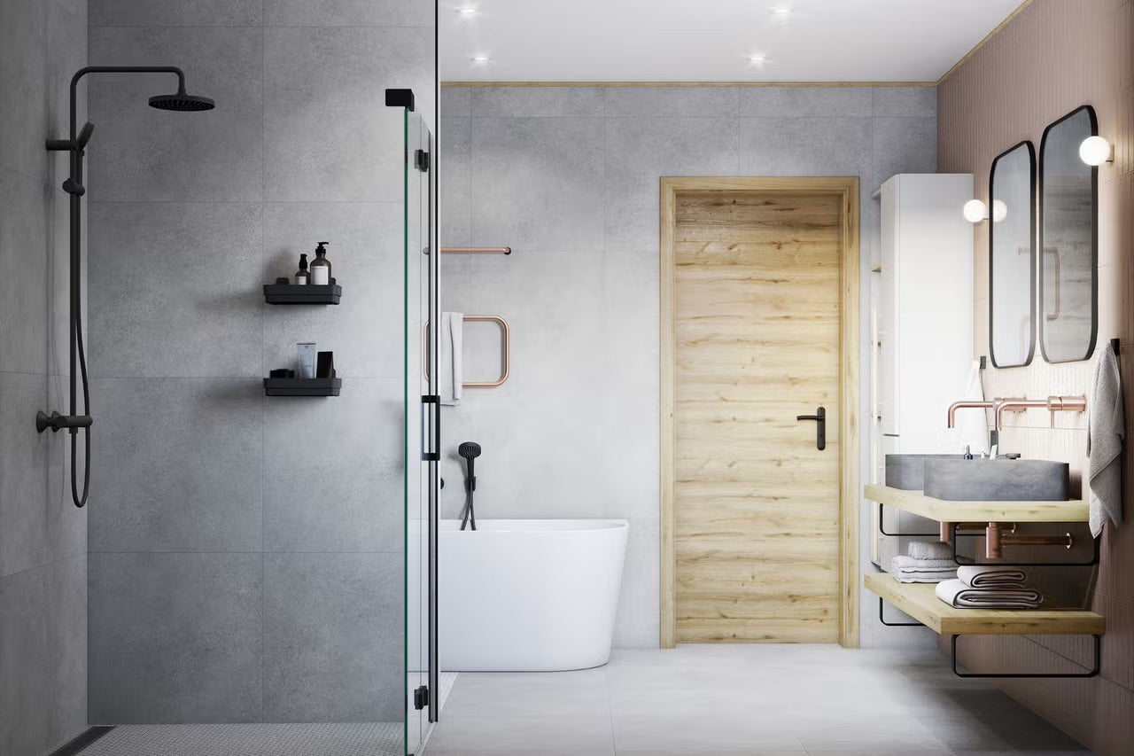 Moderná kúpeľňa so sprchou, vaňou, umývadlom a zrkadlom