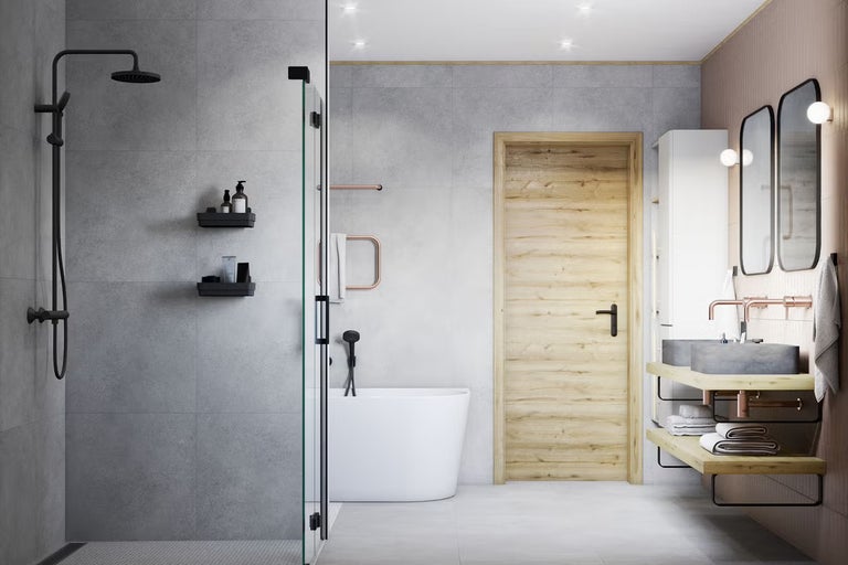 Moderná kúpeľňa so sprchou, vaňou, umývadlom a zrkadlom