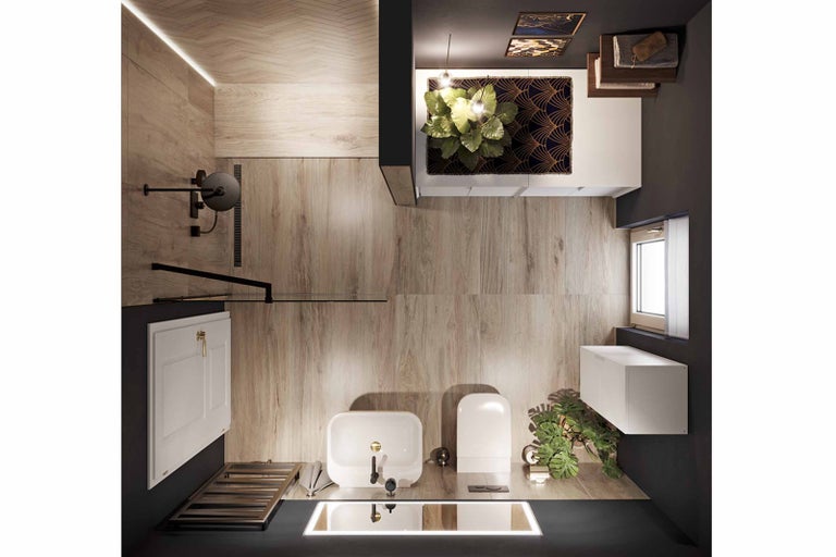 Pôdorys kúpeľne s umývadlom, toaletou a sprchou s drevenými prvkami