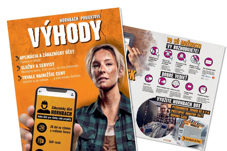 Projektové výhody HORNBACH, vrátane zákazníckeho účtu a aplikácie, služieb, trvalo najnižších cien a HORNBACH Boxu pre vyzdvihnutie tovaru