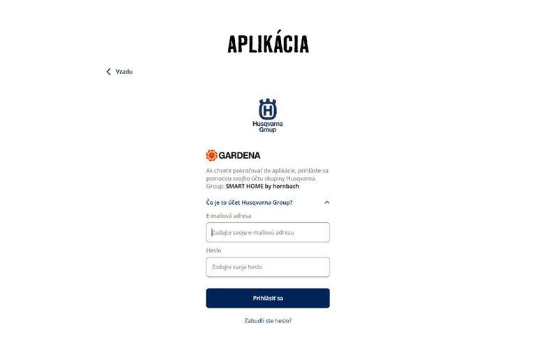 Prihlasovacia stránka aplikácie Husqvarna Group
