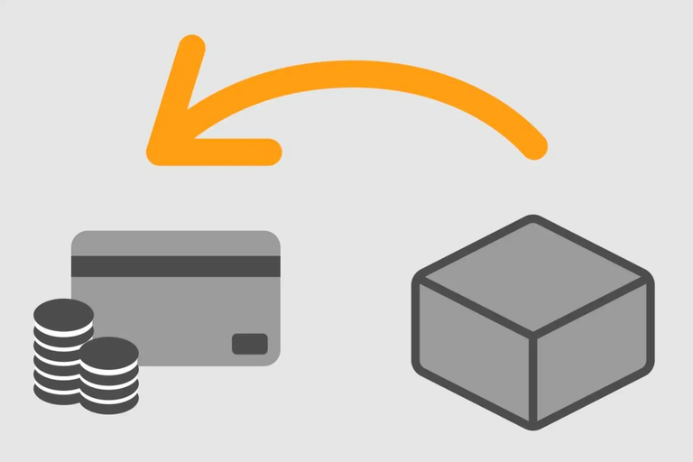 Symbol záruky vrátenia peňazí so šípkou, kartou, mincami a balíkom