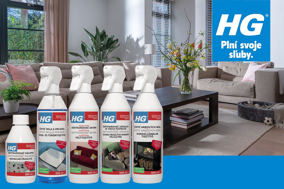 Produktový rad rôznych čistiacich prostriedkov HG pre rôzne povrchy v obývacej izbe