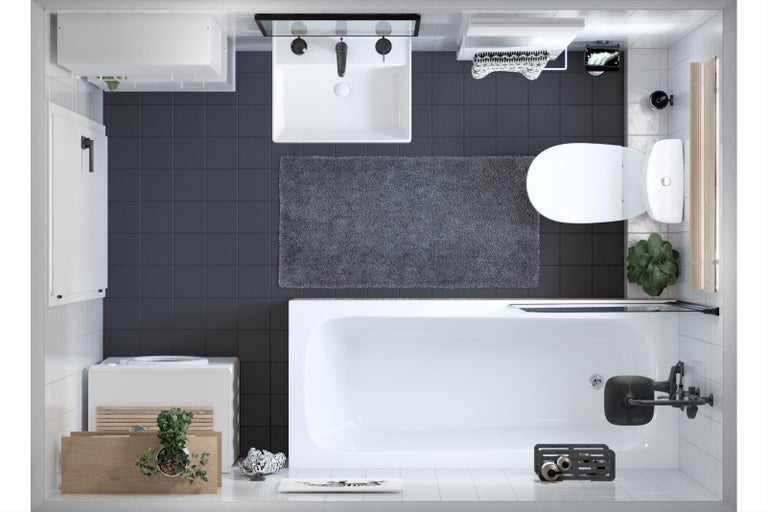 Pohľad zhora na kúpeľňu s vaňou, umývadlom, toaletou a tmavými dlaždicami