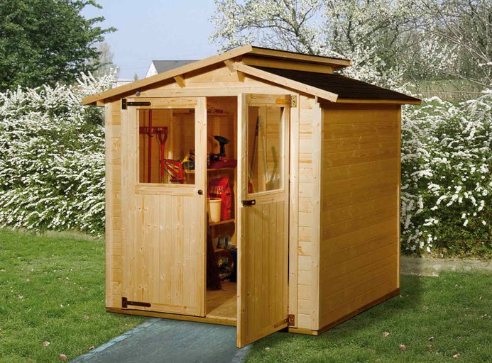 Záhradná skrinka z dreva s otvorenými dverami a oknami