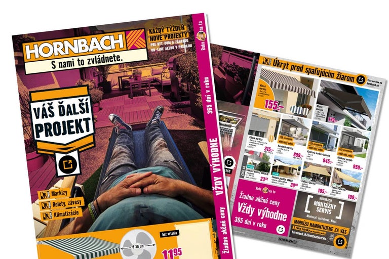 Leták Hornbach pre projekty v záhrade a dome so zameraním na tienenie, ako sú markízy, rolety a klimatizácie.