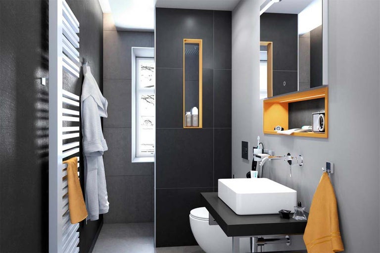 Moderná kúpeľňa s umývadlom, zrkadlom a radiátorom