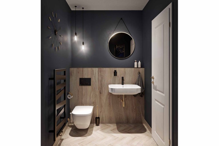 Moderná kúpeľňa s toaletou, umývadlom, zrkadlom, rebríkovým radiátorom a dekoráciami