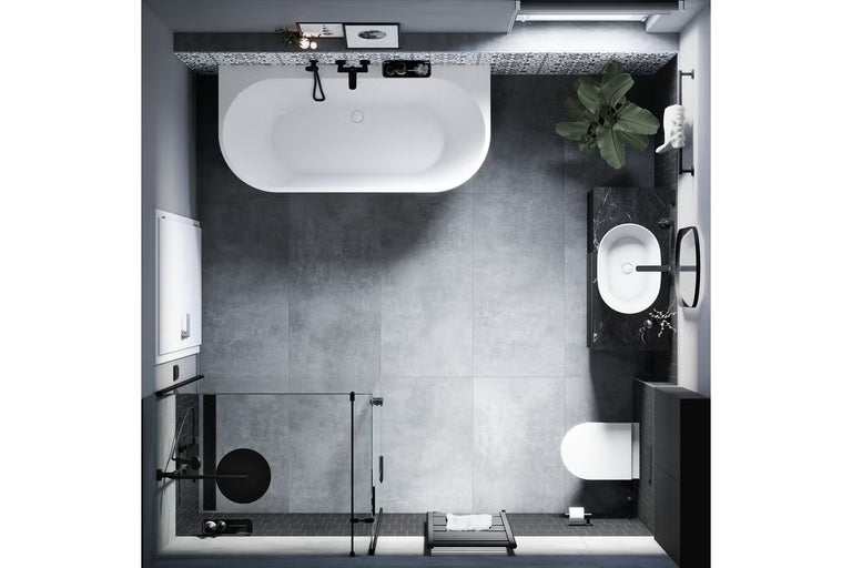 Pohľad zhora na kúpeľňu s vaňou, sprchou, umývadlom a toaletou