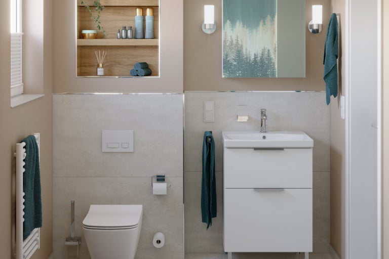 Kúpeľňa s toaletou, skrinkou pod umývadlo a vstavanými policami