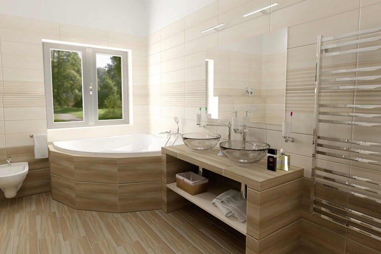 Svetlá kúpeľňa s vaňou, umývadlom so sklenenými misami a vyhrievaným vešiakom na uteráky.