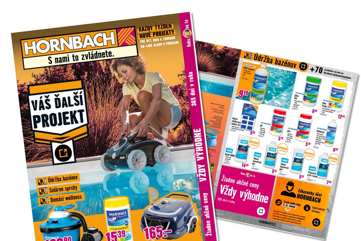 Hornbach Logo na letáku pre údržbu bazénov s vyobrazením bazénového robota a rôznych čistiacich prostriedkov Marimex.