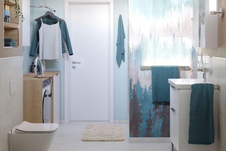 Svetlá kúpeľňa s umývadlom, toaletou, práčkou a bielizňou