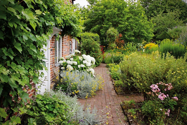 Záhrada s tehlovou cestou, kvetinovými záhonmi a stenou domu s vínnou révou
