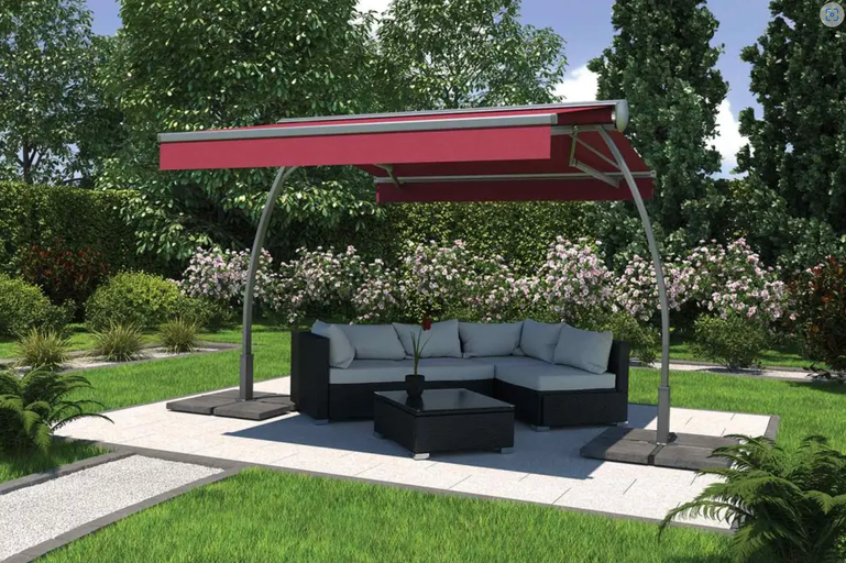 Záhrada s výkyvným slnečníkom, posedením a konferenčným stolíkom na terase