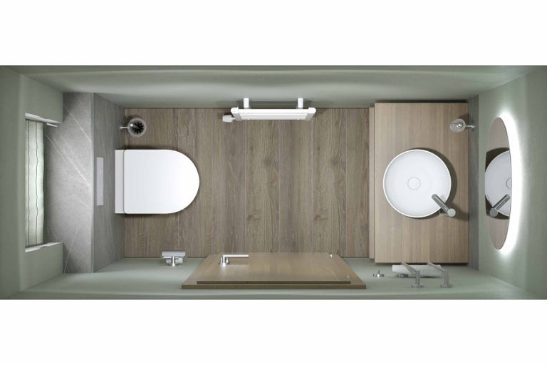 Prehľad svetlej kúpeľne s toaletou, umývadlom a zrkadlom