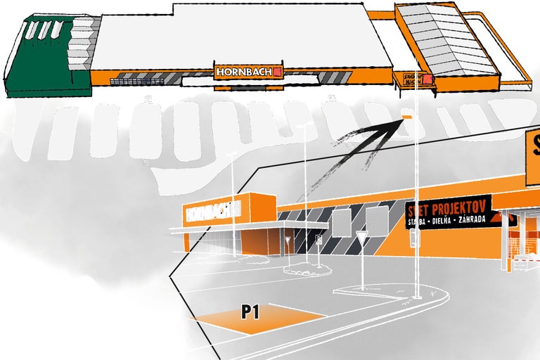 Zobrazenie hobbymarketu Hornbach s parkoviskom