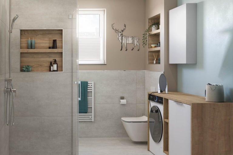 Kúpeľňa so sprchou, toaletou, práčkou a úložnými policami