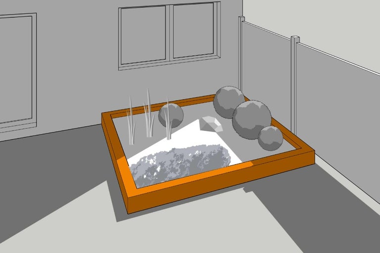 Ilustrácia vyvýšeného záhona s rastlinami a kameňmi v záhrade