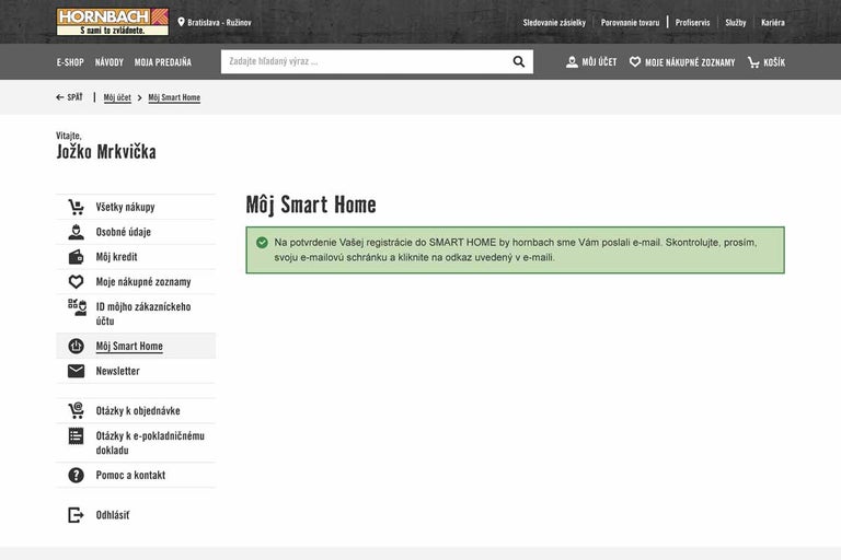 Sekcia Hornbach Smart Home v zákazníckom účte.