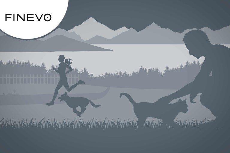 Ilustrácia ženy bežiacej so psom a osoby hladkajúcej mačku pred krajinou s horami.