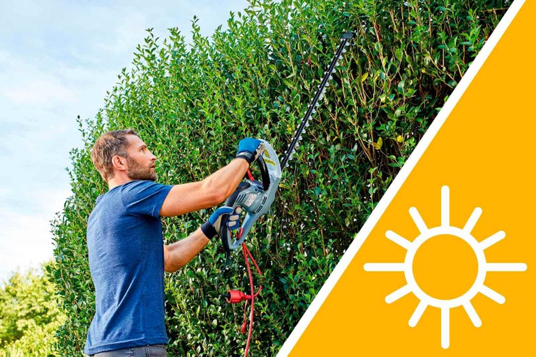 Muž strihá živý plot elektrickými nožnicami na živý plot.