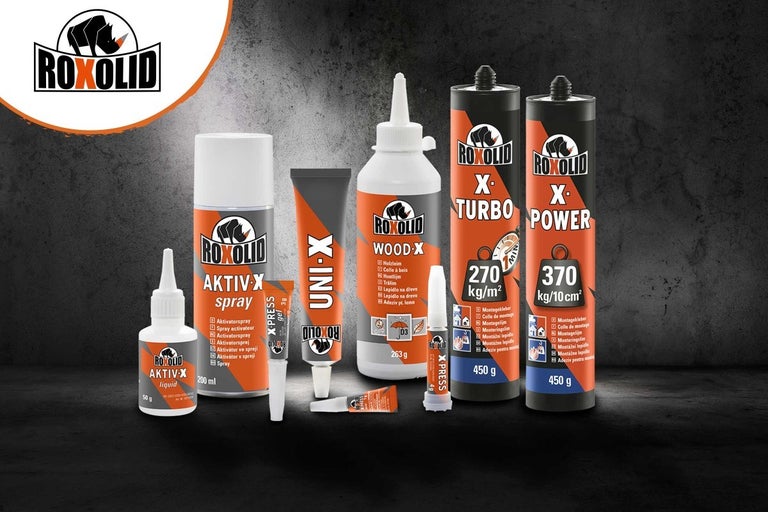 Sortiment lepidiel Roxolid s rôznymi lepidlami a sprejmi